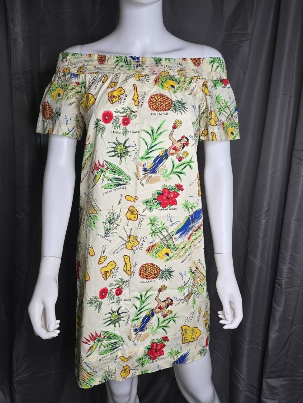 Off-Shoulder Hawaiian Tropical Print Dress - Cream